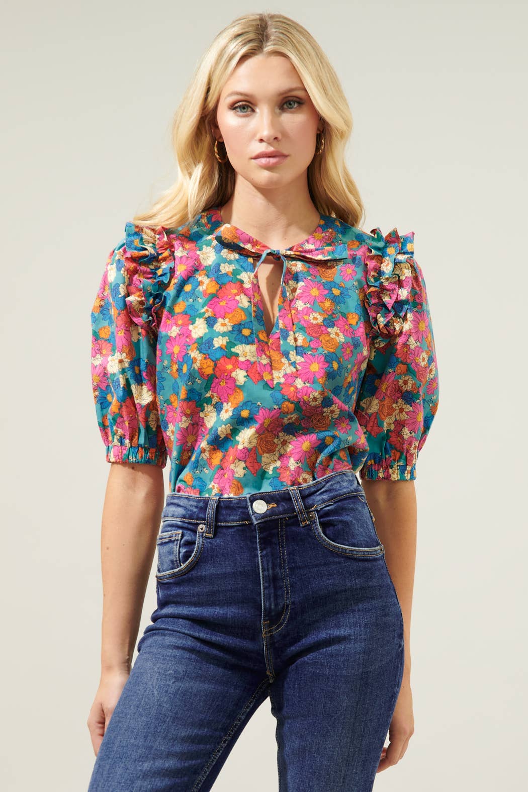 Floral Tie Neck Puff Sleeve Blouse | Multi
