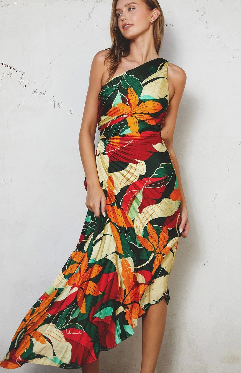 Tropical Olympia Asymmetrical Pleated Maxi Dress | Orange Multi