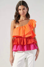 Load image into Gallery viewer, Ruffled One Shoulder Colorblock Top | Red, Orange, Pink
