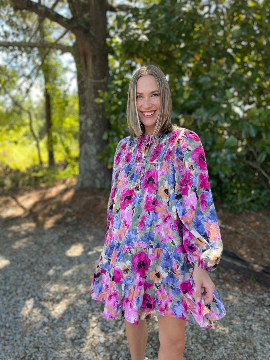 Orchid Floral Long Sleeve Swing Dress | Pink Multi