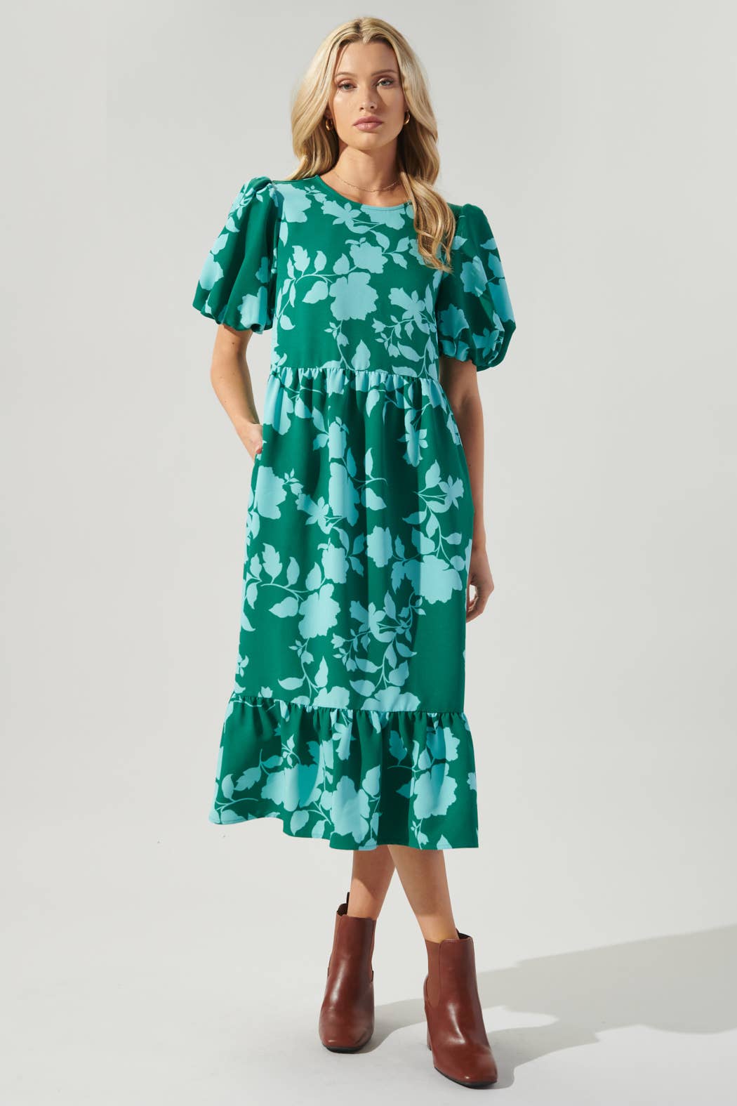 Aruba Floral Puff Sleeve Midi Dress | Emerald