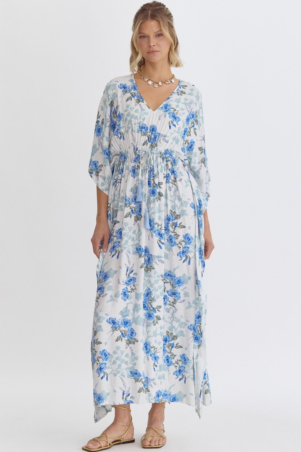 Floral Caftan Maxi Dress | Blue and White