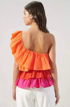 Load image into Gallery viewer, Ruffled One Shoulder Colorblock Top | Red, Orange, Pink
