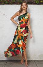 Load image into Gallery viewer, Tropical Olympia Asymmetrical Pleated Maxi Dress | Orange Multi
