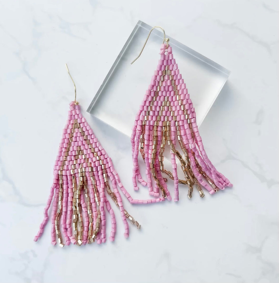 Light Pink and Gold Beaded Fringe Earrings