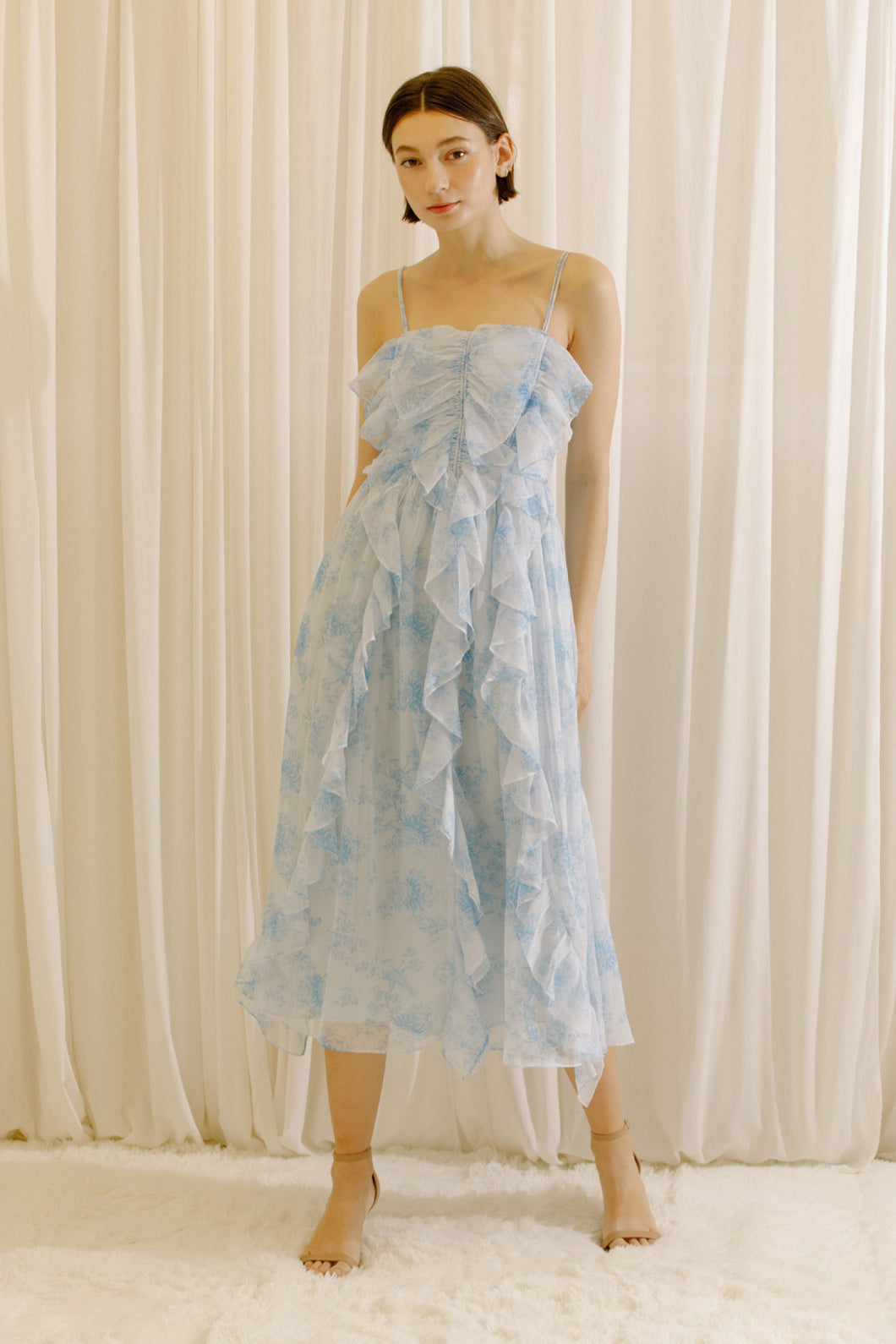 Charleston Ruffled Midi Dress | Blue Floral