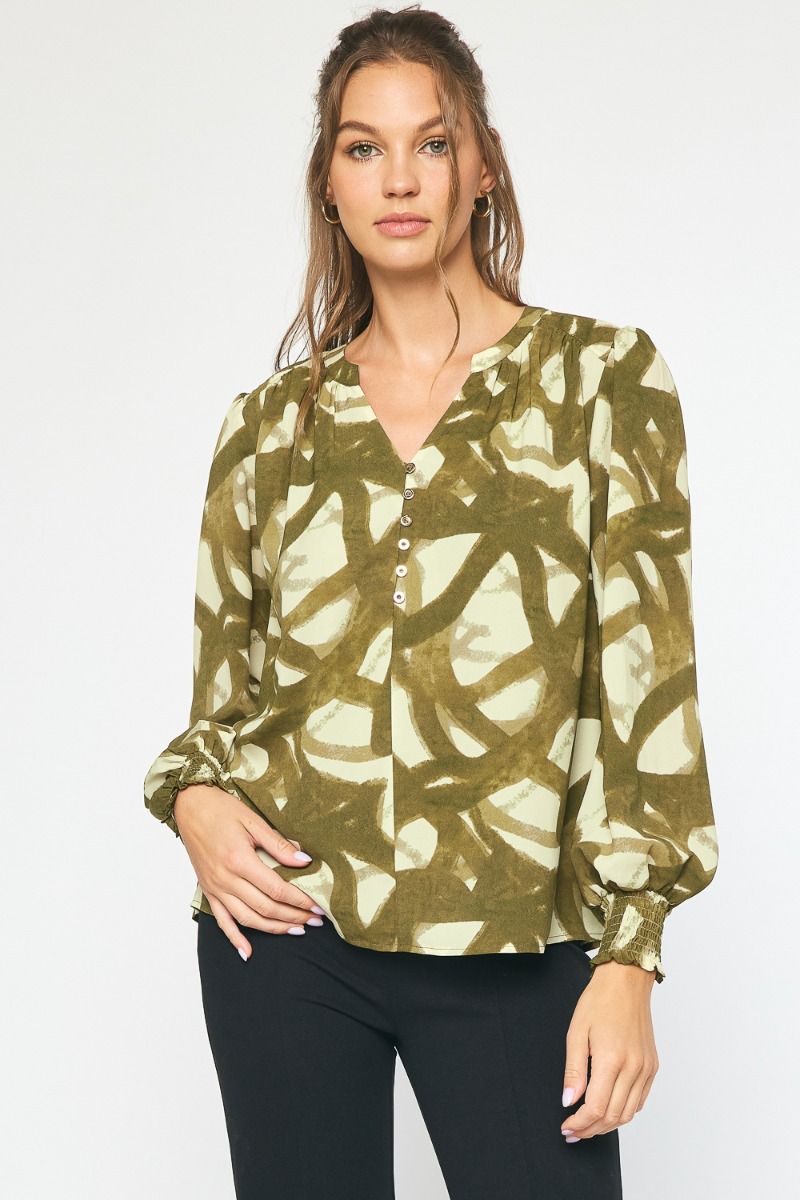 Abstract V-Neck Blouse | Olive