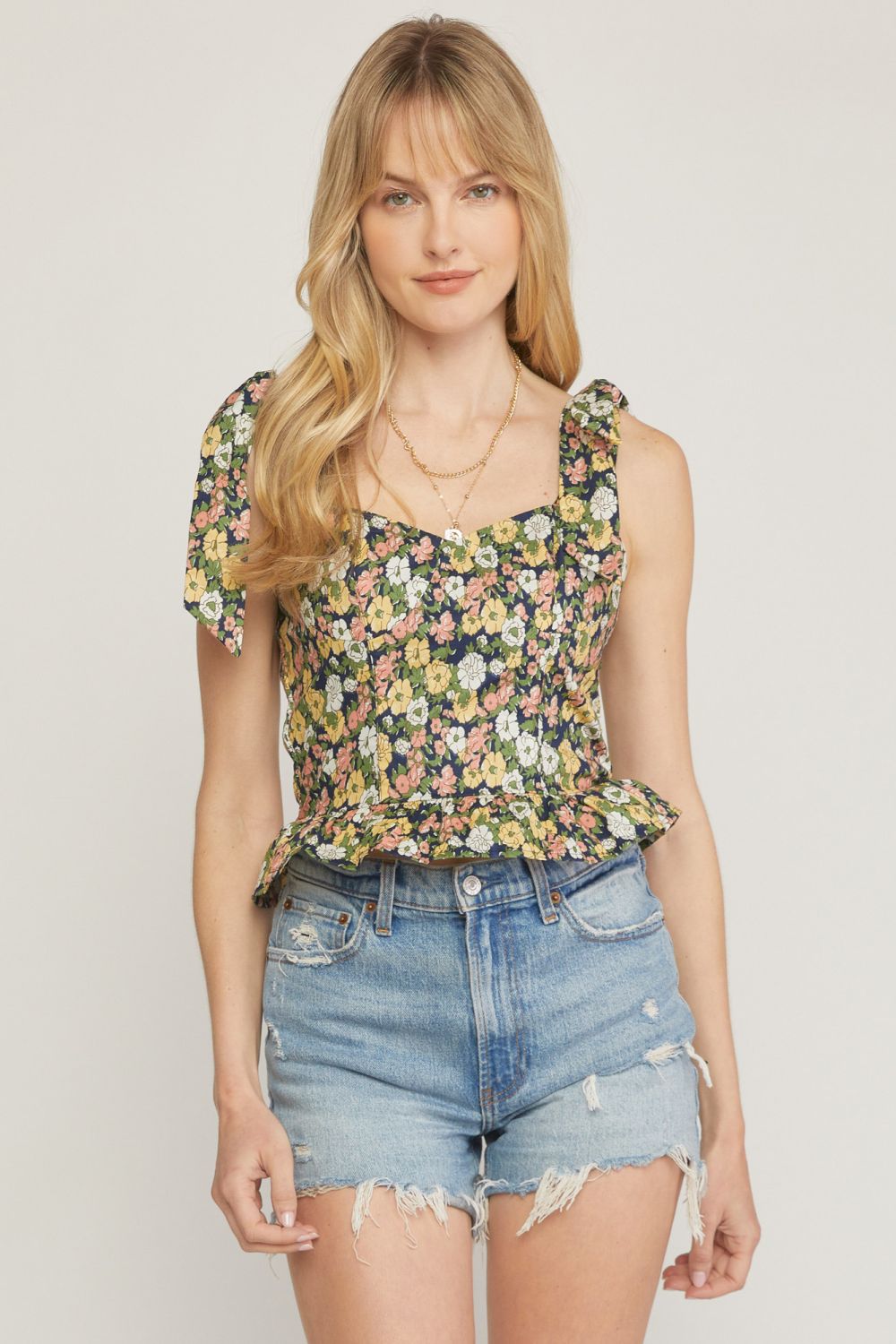 Floral Bow Strap Peplum Top | Navy