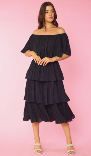 Pleated Tiered Off the Shoulder Midi Dress | Black