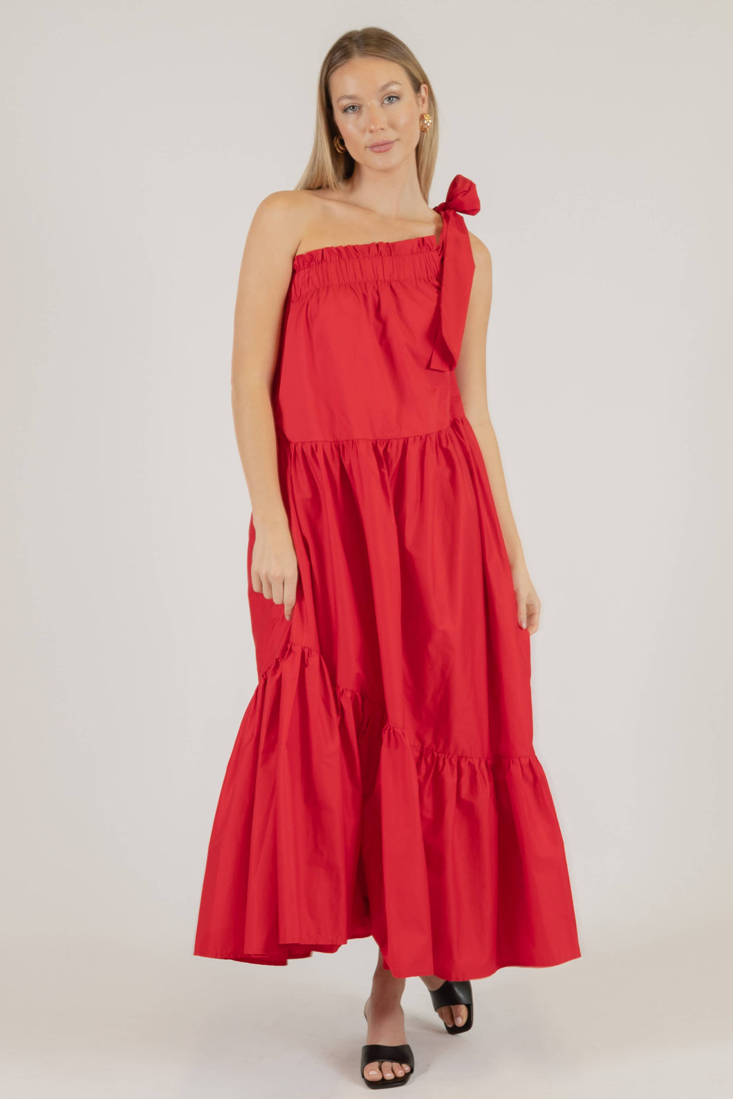 Poplin One Shoulder Ruffle Bottom Maxi Dress | Red