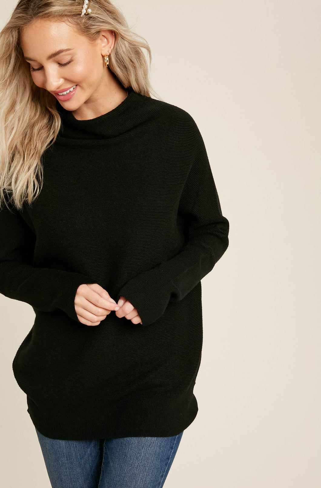 Slouch Neck Dolman Sleeve Pullover Sweater | Black