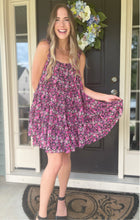 Load image into Gallery viewer, Floral Ruffled Strap Mini Dress | Black, Purple, and Fuchsia
