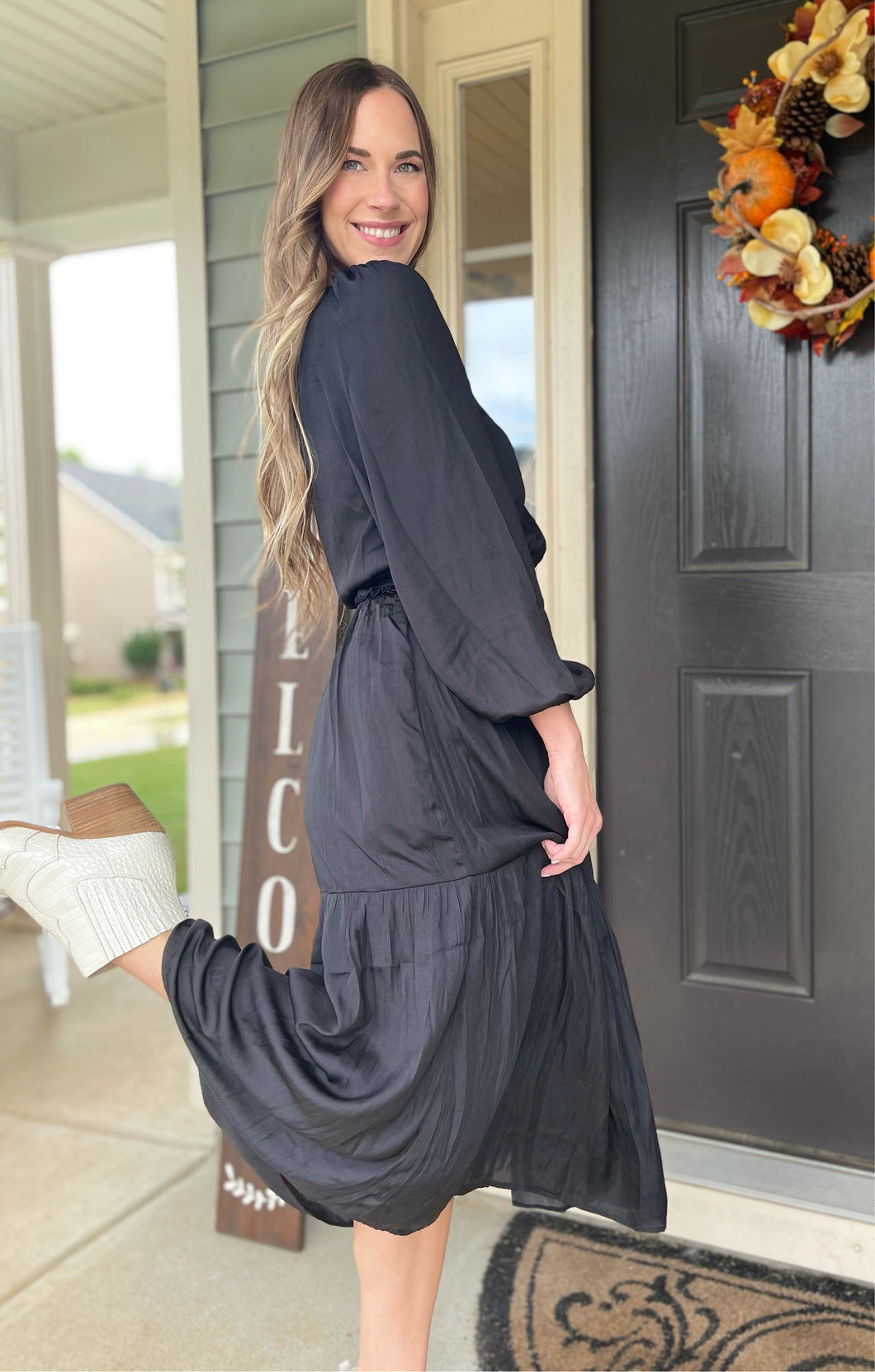 Silky One Shoulder Midi Dress | Black