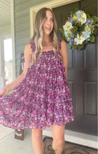 Load image into Gallery viewer, Floral Ruffled Strap Mini Dress | Black, Purple, and Fuchsia
